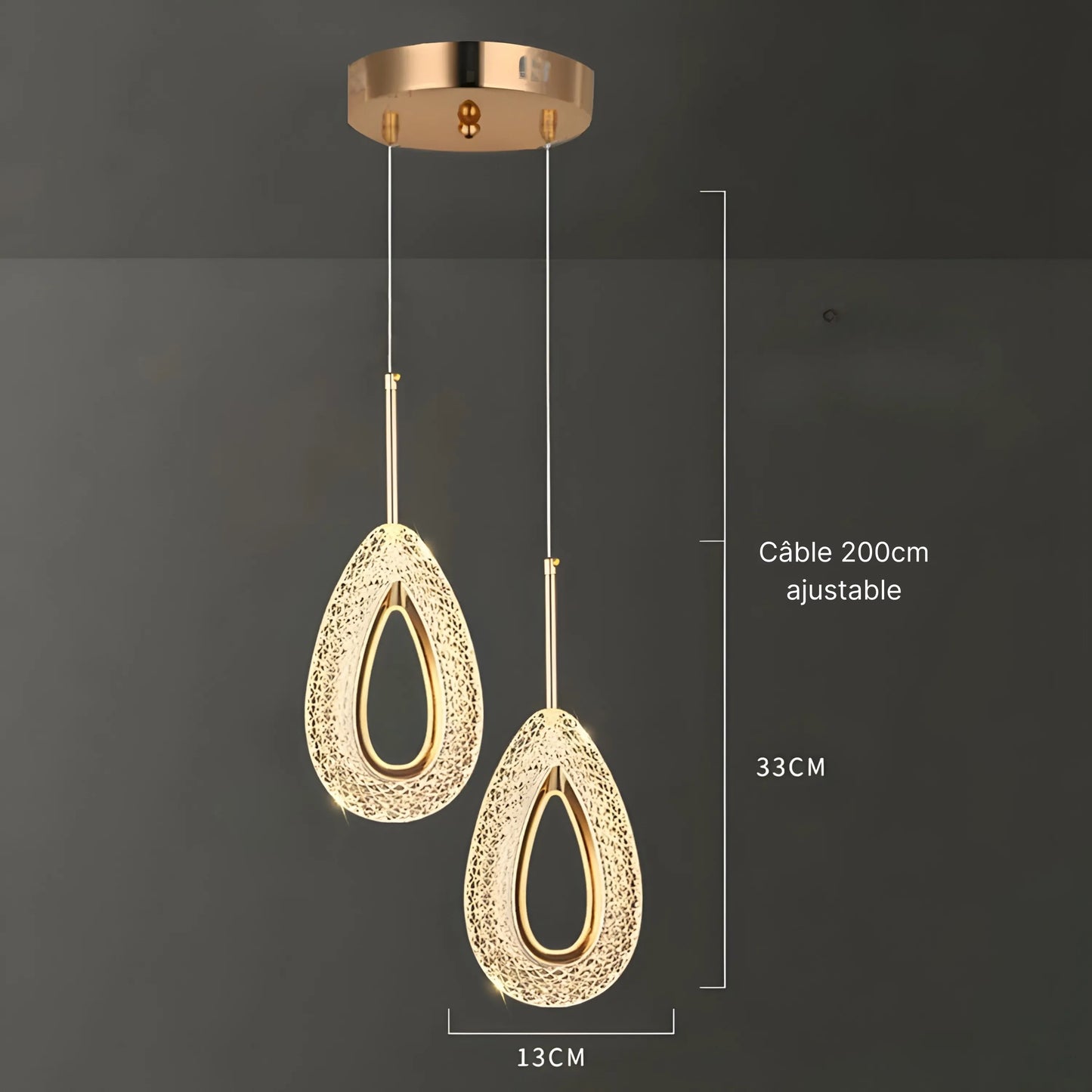 Suspension LED Cristal – Goutte 1 ou 2 têtes – Blanc chaud – Idéal salon, chambre, chevet