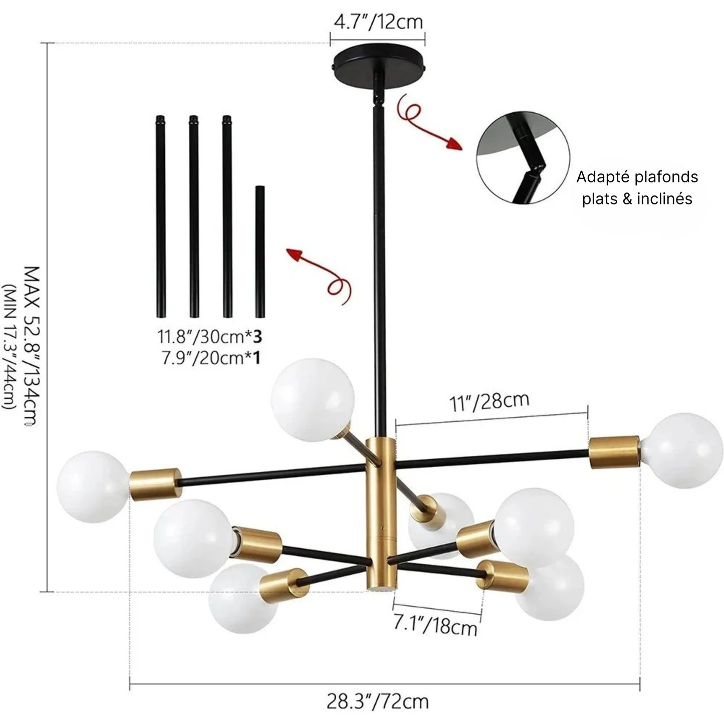 Lustre Design à Boules en Verre – 4 / 6 / 8 / 10 têtes – Blanc chaud – Idéal Salon, Salle à manger, Chambre